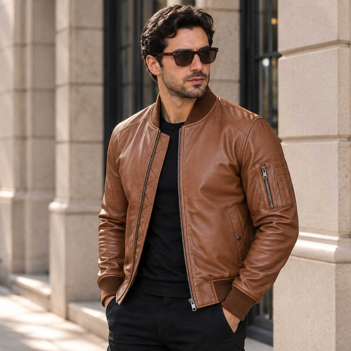 AeroForge Brown Leather Bomber Jacket – Premium Cowhide