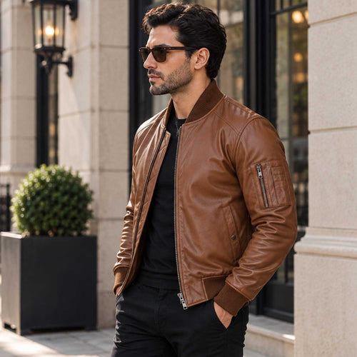 AeroForge Brown Leather Bomber Jacket – Premium Cowhide