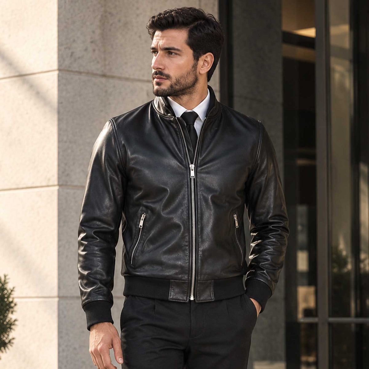 Mens Black Leather Bomber Jacket — Full-Grain Lamb Leather