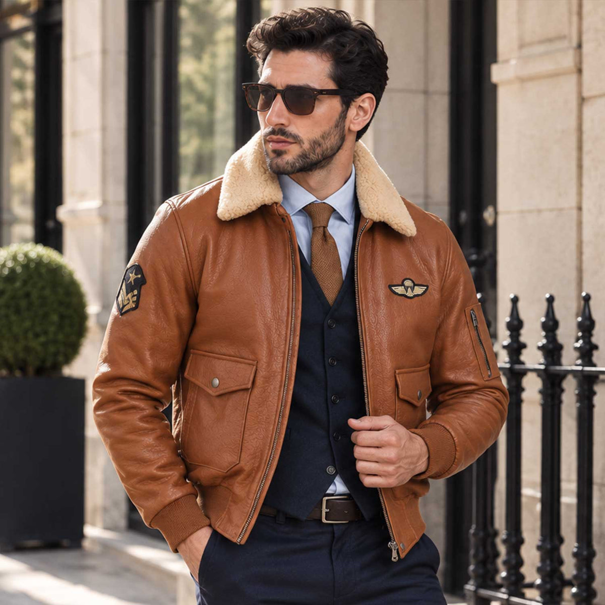 Mens Cognac Aviator Bomber – Premium Wrinkled Leather Jacket