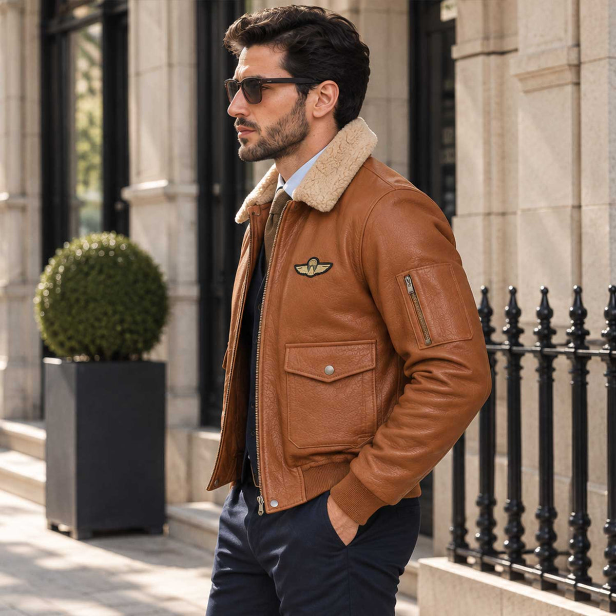 Mens Cognac Aviator Bomber – Premium Wrinkled Leather Jacket