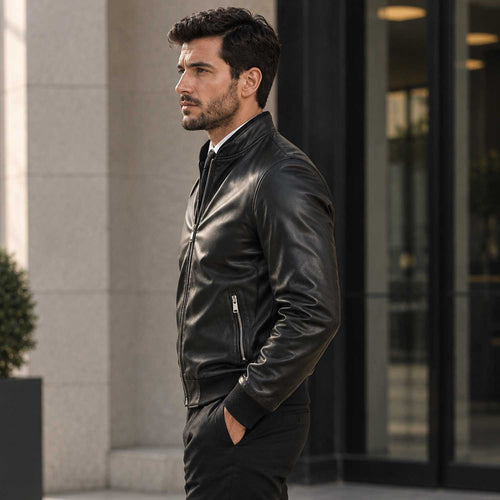 Mens Black Leather Bomber Jacket — Full-Grain Lamb Leather
