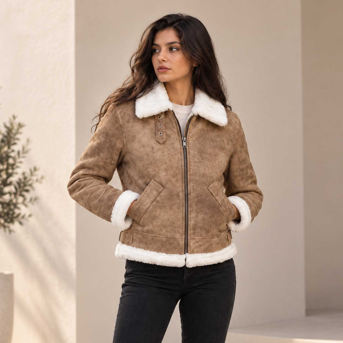 Aurelia Luxe Women's Shearling Leather Bomber Jacket – Distressed Brown