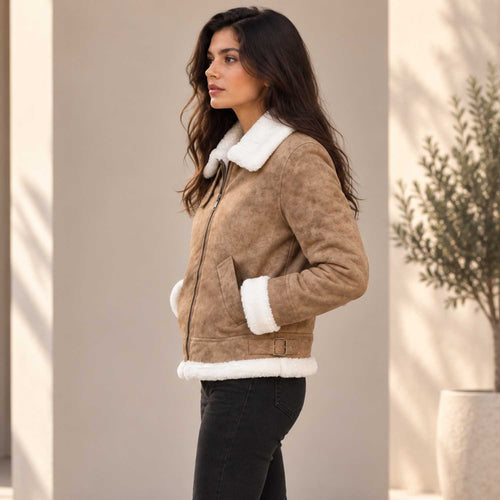 Aurelia Luxe Women's Shearling Leather Bomber Jacket – Distressed Brown
